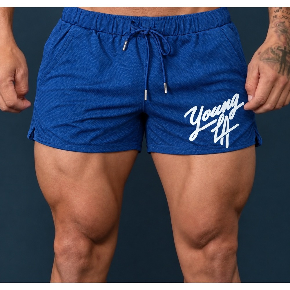 YoungLA Script Logo Blue Athletic Shorts Mens Large Bodybuilding